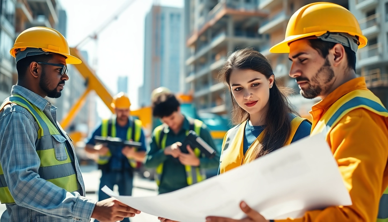 Construction workforce development illustrated by diverse professionals collaborating on-site.