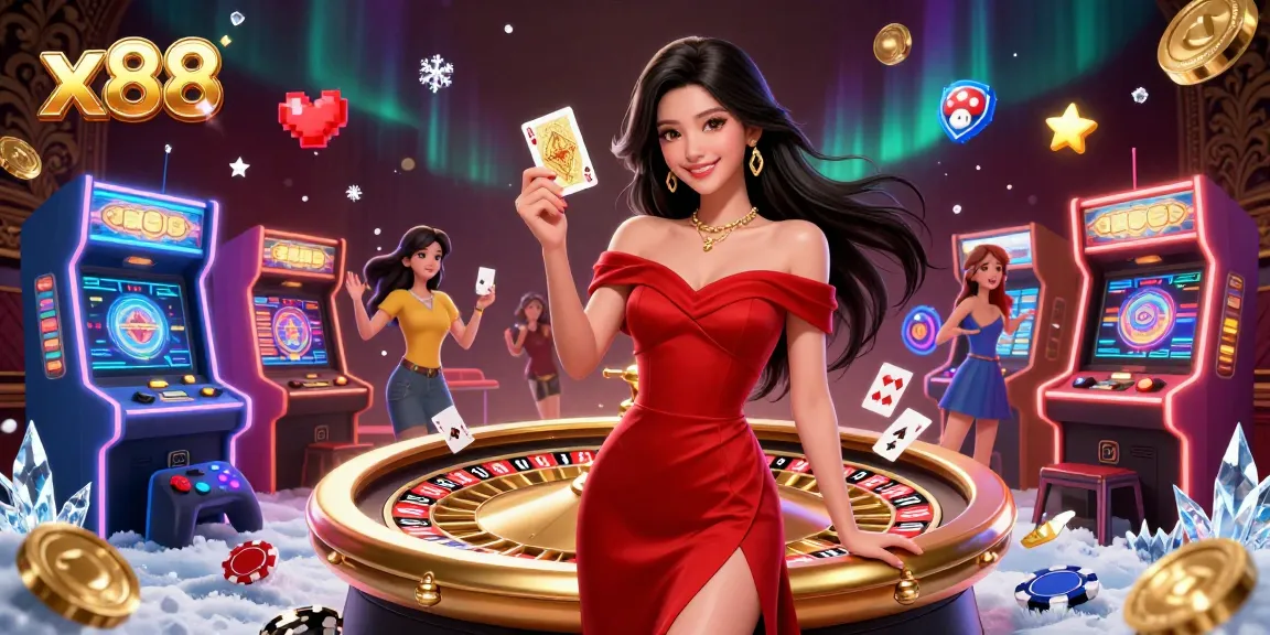 x88 showcases a beautiful woman at a glamorous casino, holding a card and surrounded by vibrant gaming elements.