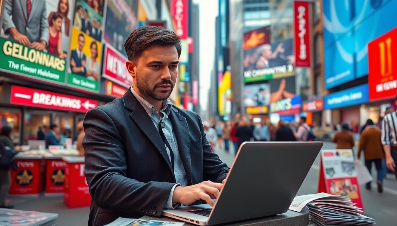 Engaging news reporting scene with a journalist capturing breaking news in a busy city.