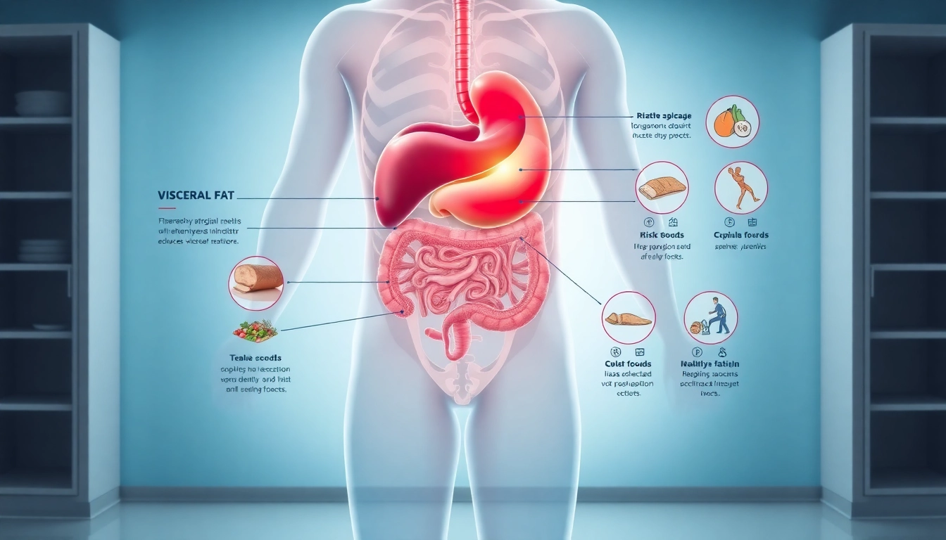 Illustration of visceral fat around internal organs, highlighting health risks and reduction methods.