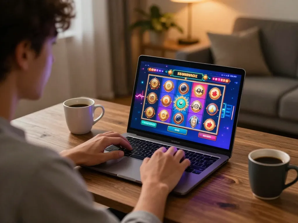 Person enjoying สล็อตวอเลท online gaming on laptop in cozy home setting, showcasing responsible gambling.