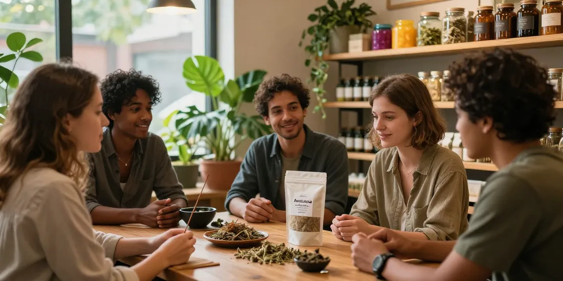 Group of friends enjoying the aroma from the buy-angels-breathe-10-gram-bag incense in a cozy herbal shop.