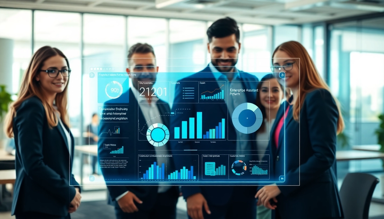 Team using an enterprise assistant platform with interactive digital displays in a modern office setting.