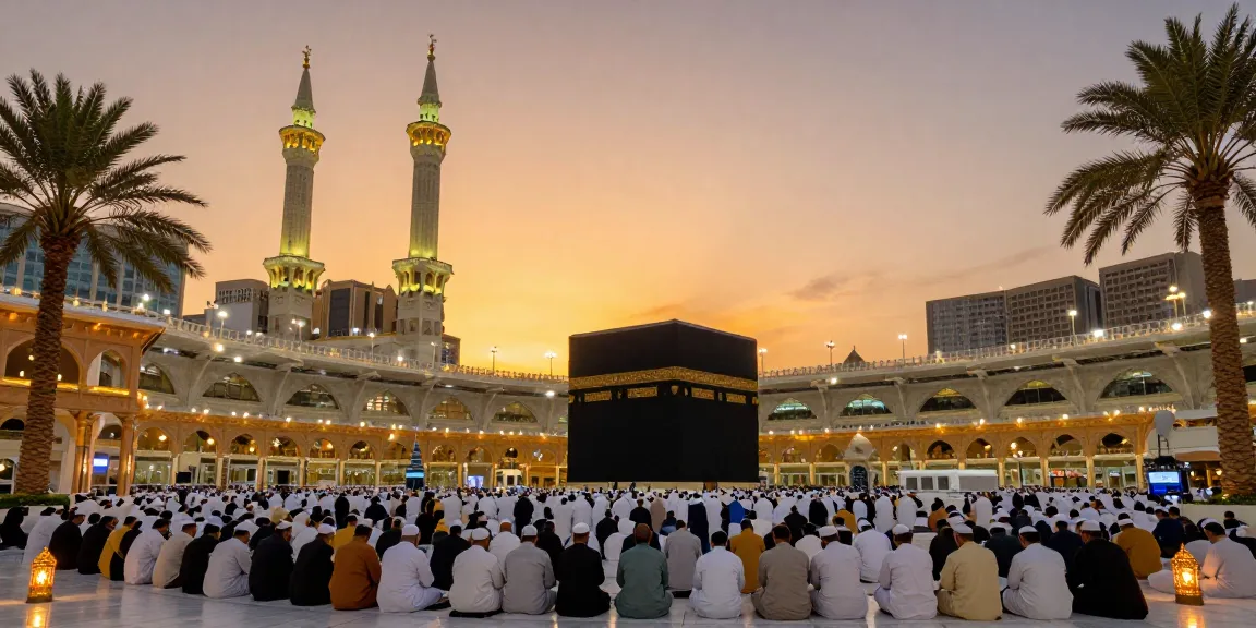 Umroh Itikaf journey at the vibrant Masjidil Haram during Ramadan, capturing the spirit of travel and spirituality.