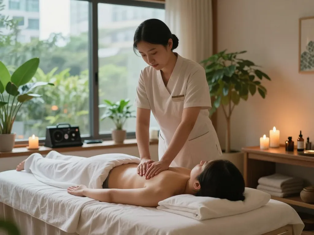 Relaxing 강남마사지 scene featuring a skilled therapist in a tranquil spa setting with aromatic candles and soft lighting.
