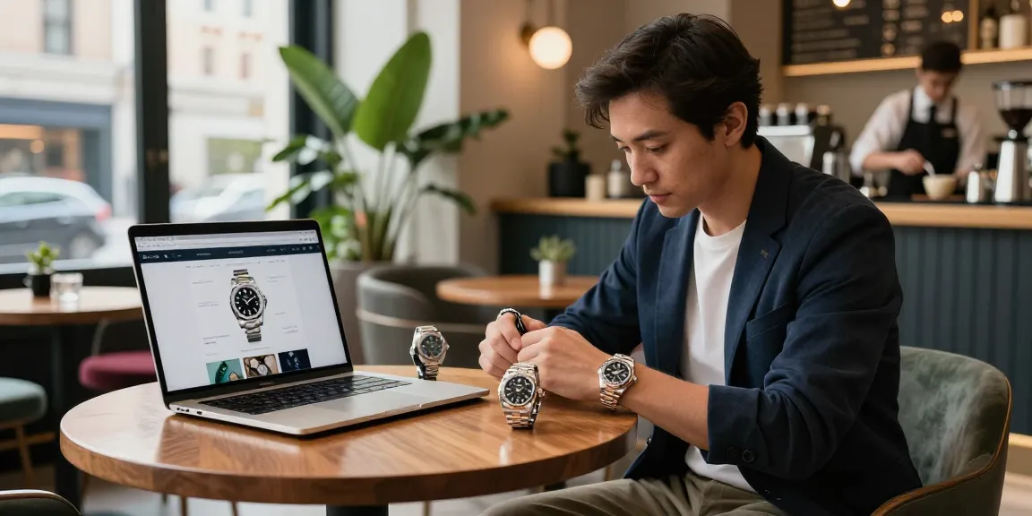Person admiring a rolex replica watch in a stylish café, showcasing luxury and elegance.