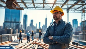 Manhattan General Contractor supervising a construction project with Manhattan skyline backdrop.