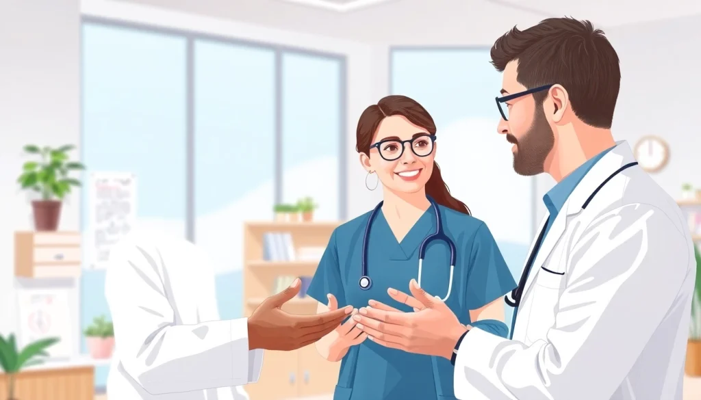 Engaging discussion about Health in a modern clinic emphasizing care and well-being.