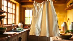 Kaasdoek hangend in een rustieke keuken met natuurlijke lichtinval, perfect voor ambachtelijke kaasbereiding.