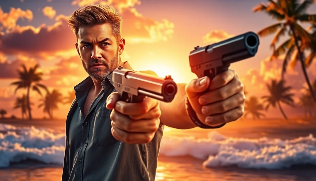 Action-packed scene of Aloha and Bullets featuring Leroy Silver on a Hawaiian beach.