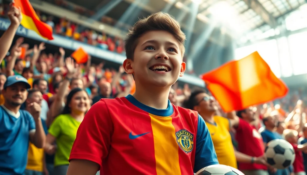 Cheerful young fan wearing discount football shirts celebrating in a vibrant stadium.