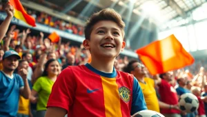 Cheerful young fan wearing discount football shirts celebrating in a vibrant stadium.