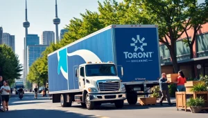Best Toronto Movers loading truck in vibrant Toronto neighborhood with skyline.