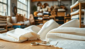 Bekijk Katoen stoffen met unieke texturen en kleuren op een houten tafel.