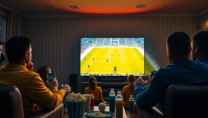 축구중계를 즐기는 팬들이 있는 화면.