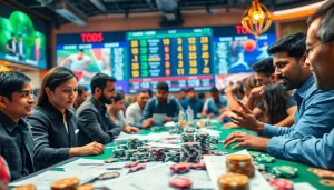 Engaged bettors exploring sports betting sites India with dynamic odds and colorful betting materials.