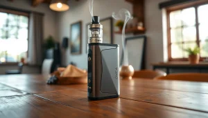 Verwenden Sie Oxva um eine stilvolle Vape-Umgebung auf einem rustikalen Tisch zu gestalten.