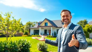 Real Estate agent showcasing a charming house for sale in a vibrant neighborhood.