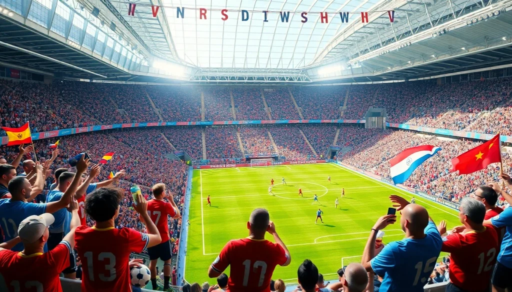 축구중계 중인 열광적인 팬들이 있는 경기장 모습