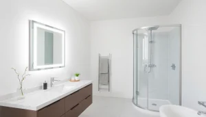 Produits sirhona France brillants dans une salle de bain moderne avec miroir LED et cabine de douche élégante.