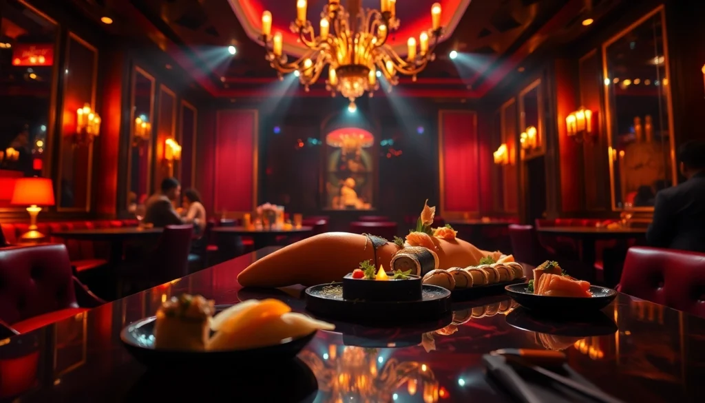 Body sushi served on a model in an elegant nightclub setting, highlighting luxury and sensuality.