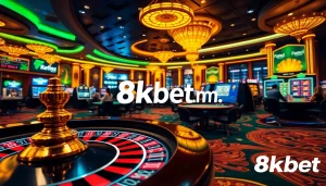 Exciting casino action at 8kbet. com with players enjoying blackjack and roulette in a vibrant setting.