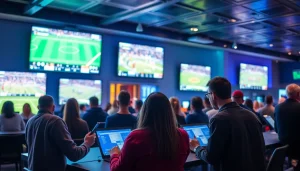 Exciting atmosphere of sports betting sites Canada with patrons analyzing bets.