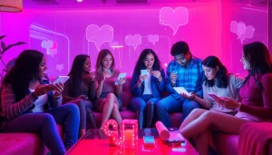 Engaging scene of characters using ai sexting technology in a modern lounge setting.