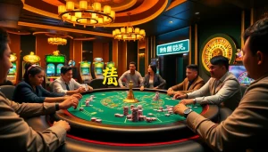 Engaging players in a high-stakes poker game, showcasing 상품권신용카드 benefits in a vibrant casino atmosphere.
