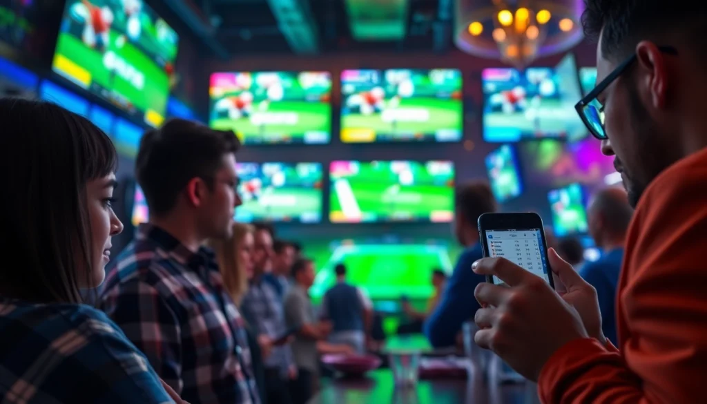 Engaging atmosphere of sports betting sites California with enthusiastic bettors using mobile apps.