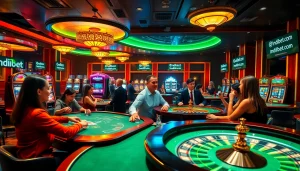 Players enjoying live betting at Indibet.com with colorful casino games in a luxurious setting.