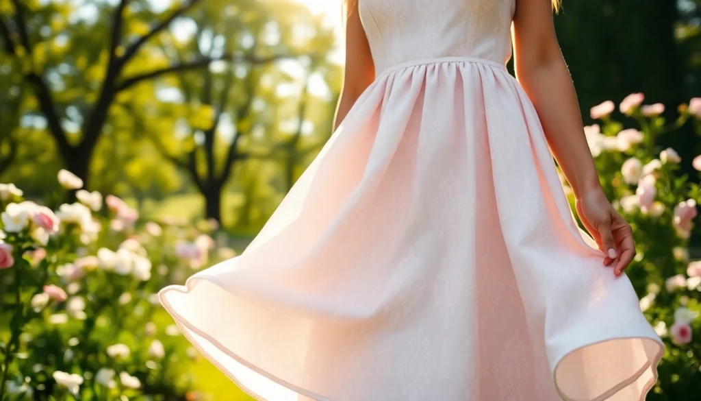 Rivelle dress showcased in a vibrant garden setting, emphasizing elegance and style.