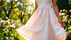 Rivelle dress showcased in a vibrant garden setting, emphasizing elegance and style.