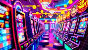 Walettoto menampilkan suasana kasino virtual yang dinamis dan menarik dengan mesin slot berwarna-warni.