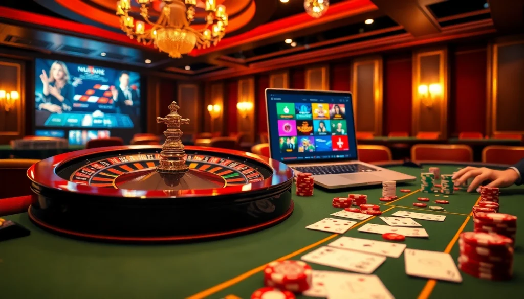 Experience thrilling gameplay at https://nh88vn.net/ with vibrant casino visuals featuring poker tables and roulette wheels.