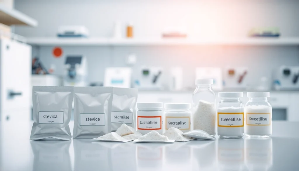Explore industrial sweetener varieties displayed attractively in a modern lab setting.