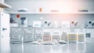 Explore industrial sweetener varieties displayed attractively in a modern lab setting.