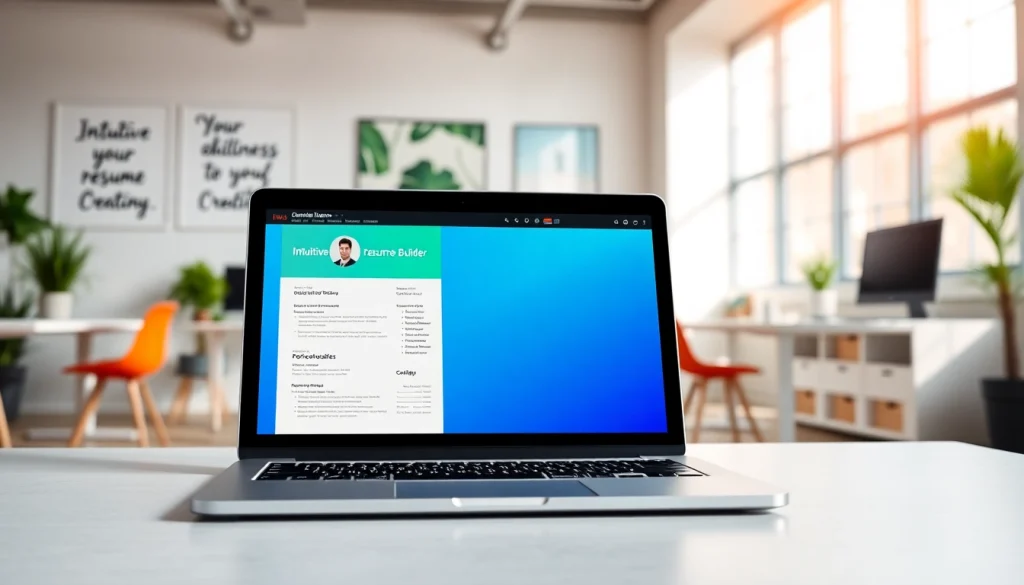 Create a standout resume using our intuitive Resume Builder displayed on a modern laptop in an inspiring office.