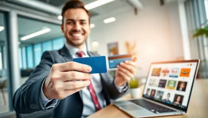 전문적인 환경에서 상품권신용카드가 활용되는 다이나믹한 거래 현장 이미지