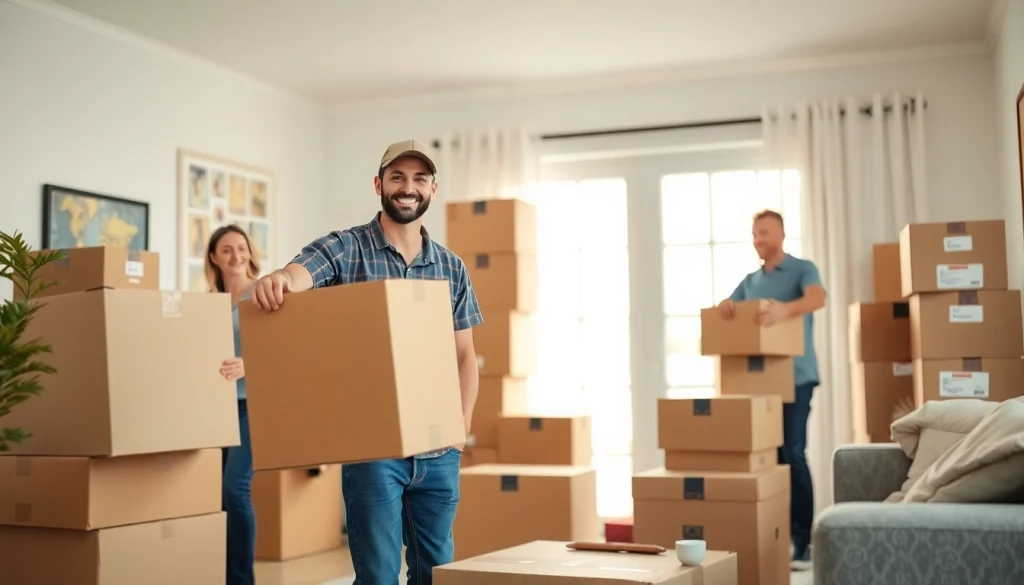 Movers from a moving company Vancouver packing items efficiently in a bright living room.