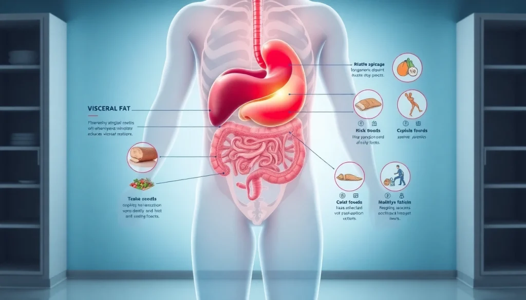 Illustration of visceral fat around internal organs, highlighting health risks and reduction methods.
