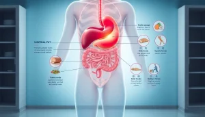 Illustration of visceral fat around internal organs, highlighting health risks and reduction methods.