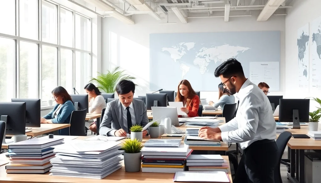 Agence de traduction dans un cadre professionnel avec des traducteurs au travail.