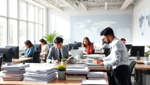 Agence de traduction dans un cadre professionnel avec des traducteurs au travail.