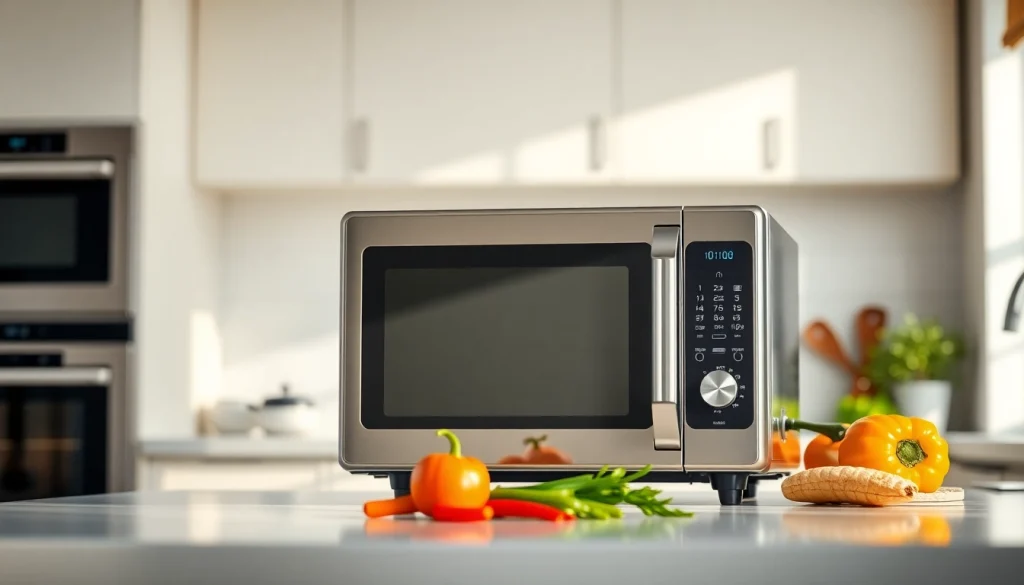 Showcase an affordable microwave oven prominently in a modern kitchen