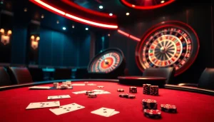 Engage with the W88 link through an exciting casino scene featuring poker chips, cards, and a roulette wheel.