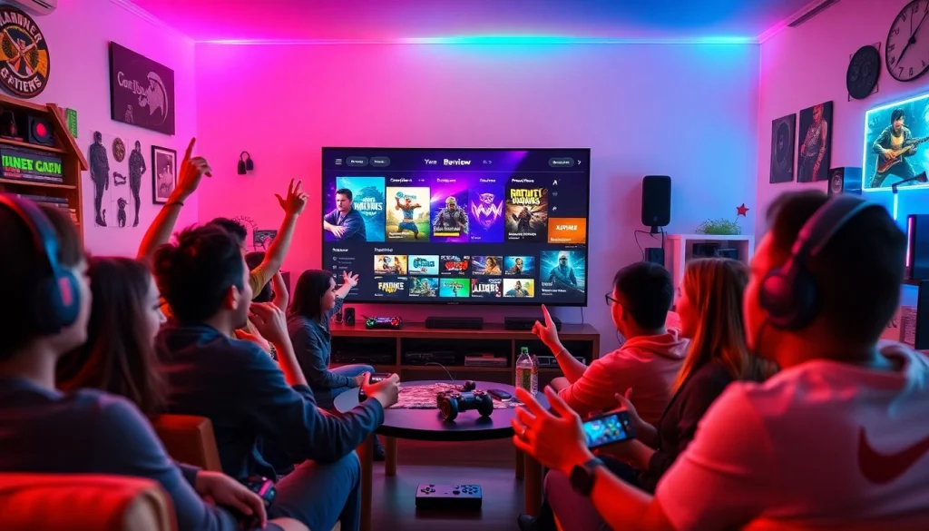 Engaging gamers reviewing top titles for game reviews 2026 in a vibrant, communal setting.