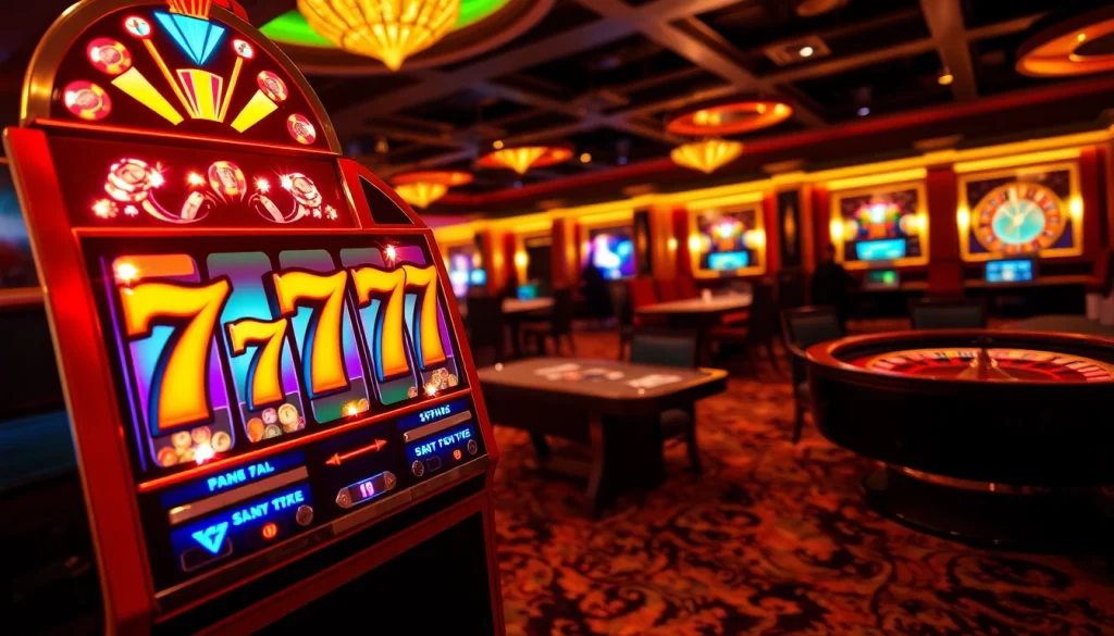 Engaging with the seven 77 slot login for an exciting casino experience filled with vibrant slot machines and chips.