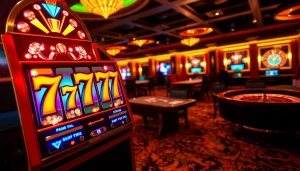 Engaging with the seven 77 slot login for an exciting casino experience filled with vibrant slot machines and chips.