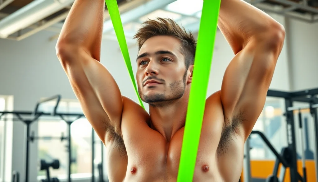 Fitness enthusiast using stretch bands for pull-ups in a bright gym.